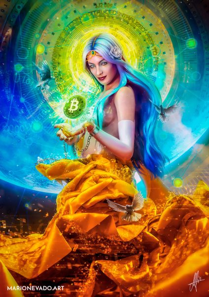 Vires in Numeris - Moder Surrealism Digital Art by Mario Nevado. Goddess of bitcoin and cryptocurrencies.