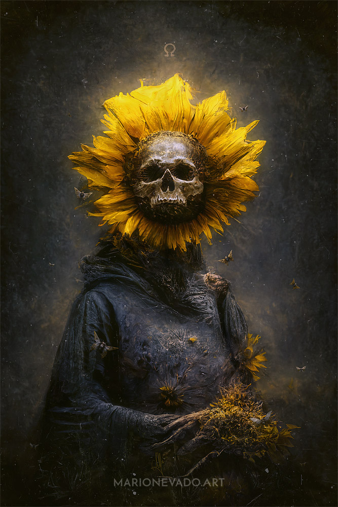 Tempus fugit Dark Surrealism Digital Art by Mario Nevado Art about life and death with skulls and sunflowers.
