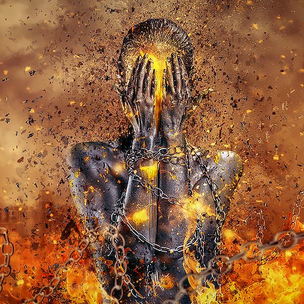 Through ashes rise - Surreal digital art by Mario Nevado. Chain, prisoner, fire, burning, explosion, break free, freedom.