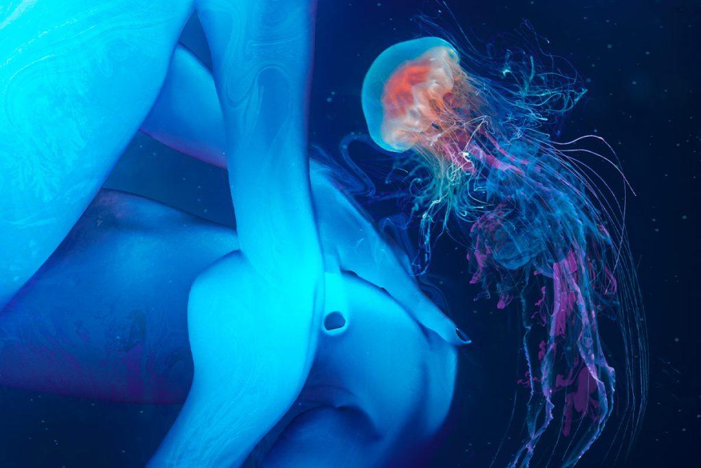 Detail of the surreal dark art Adagio for Stings, focusing on the translucent central figure and glowing jellyfish symbolism.