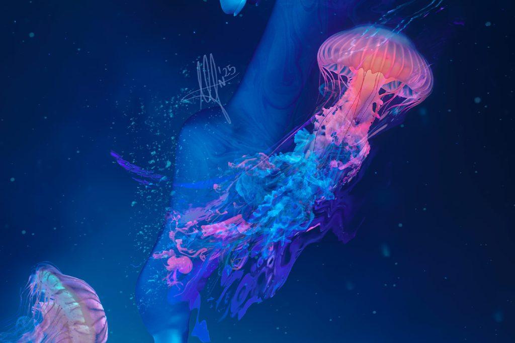 Process shot of Adagio for Stings, highlighting the 3D composition and color work in the symbolic digital illustration.