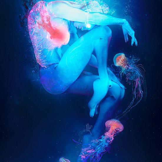 Dark surreal art showing a drowning translucent being with a glowing red heart inside, is at the rock bottom of the ocean, sinks and disintegrates as a jellyfish swarm pierces the character and makes him bleed. The character looks sad, lonely and grieving for something. The color pallete is predominantly deep blues with hints of red and bright cyans.