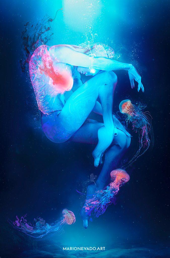 Dark surreal art showing a drowning translucent being with a glowing red heart inside, is at the rock bottom of the ocean, sinks and disintegrates as a jellyfish swarm pierces the character and makes him bleed. The character looks sad, lonely and grieving for something. The color pallete is predominantly deep blues with hints of red and bright cyans.