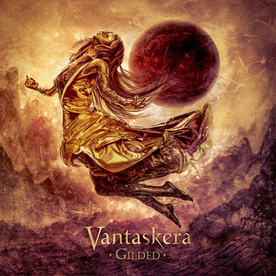 An album cover design depicting a woman floating in a desolated, eerie land with a giant red moon or planet behind. She is made of gold.