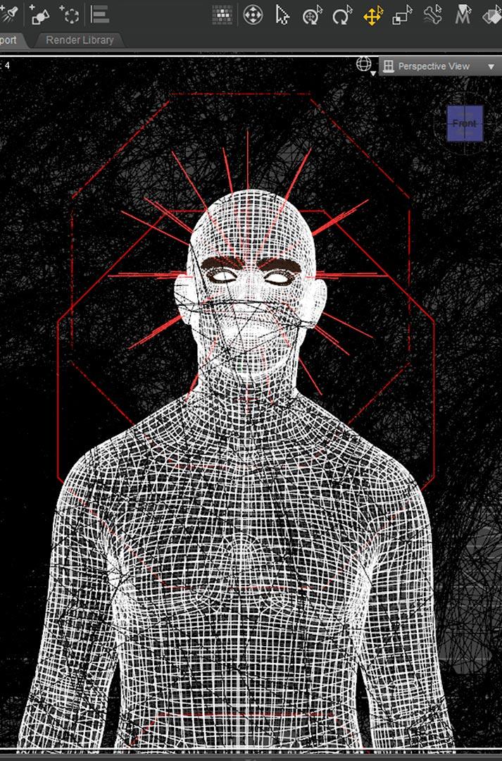 3D wireframe process for horror noir illustration for book cover